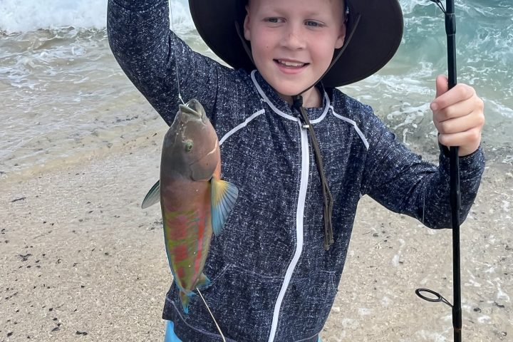Child with a hat holding a fishing rod and a colorful fish on a beach.