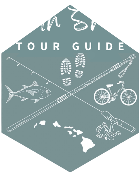 Hexagon logo with 'North Shore Tour Guide' and fish, bike, footprints, maps.