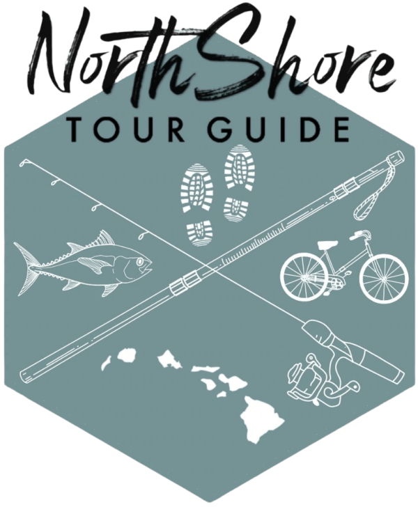 NorthShore Tour Guide logo with fishing rod, fish, bike, and footprints over Hawaii map.